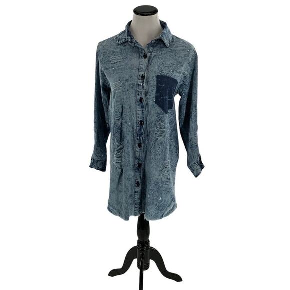 Thrill Jeans Oversize Top Women's Sz Large Acid Wash Raw Hem Long Sleeves Denim - Picture 3 of 9